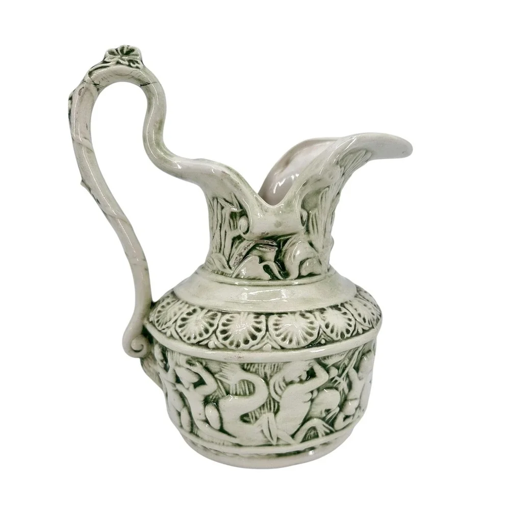 Vintage Ceramic Vase Pitcher Ewer Greek Poseidon Mermaid Cherub Green 3D Relief
